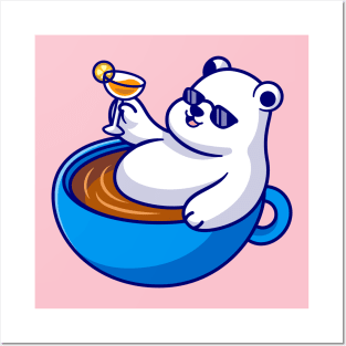 Cute Polar Bear Relax In Cup Coffee Cartoon Posters and Art